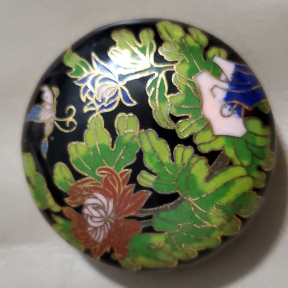 Other - Cloisonné Vintage Enamel Brass Round Ring Pill Trinket Box Lotus Flower  Blue